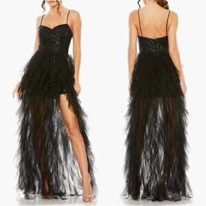 Ieena Mac Duggal 27119 Sequin Ruffle Tulle Gown Dress Black Size 0 NWT‎